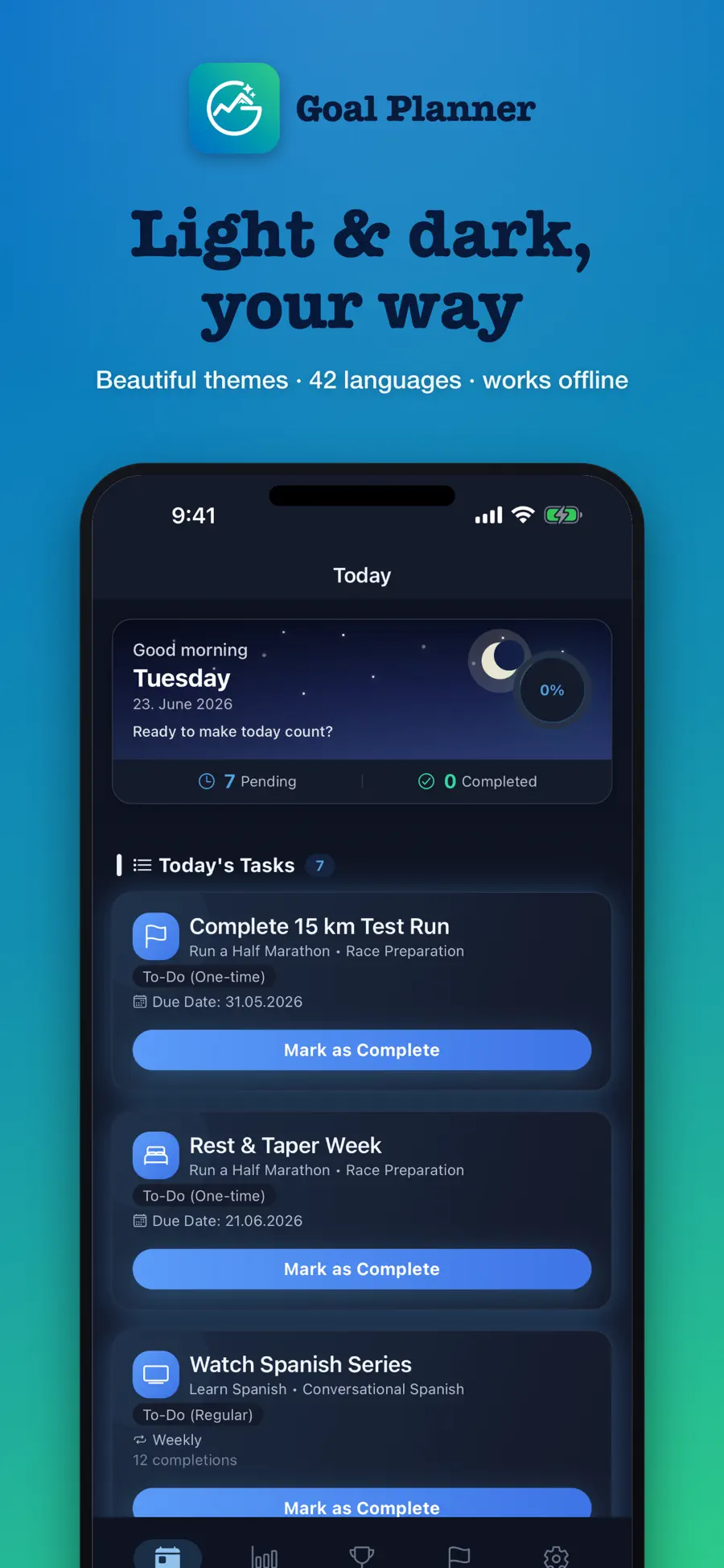 Dieselbe Tagesansicht im dunklen Erscheinungsbild — die App bringt helle und dunkle Themen mit.