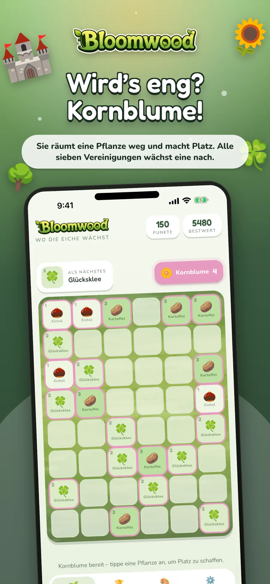 Ein volles Beet, in der Kopfzeile die hervorgehobene Kornblume, die eine Pflanze wegräumt und Platz schafft.