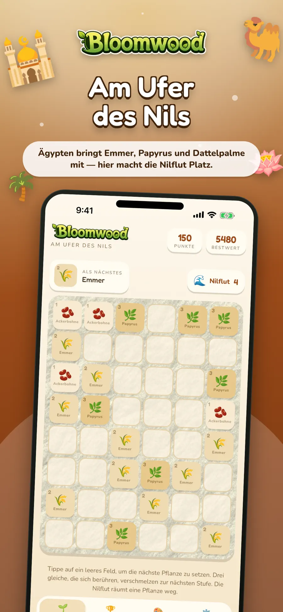 Das ägyptische Theme in Sandtönen: Emmer, Papyrus und Dattelpalme auf dem Beet, in der Kopfzeile die Nilflut.