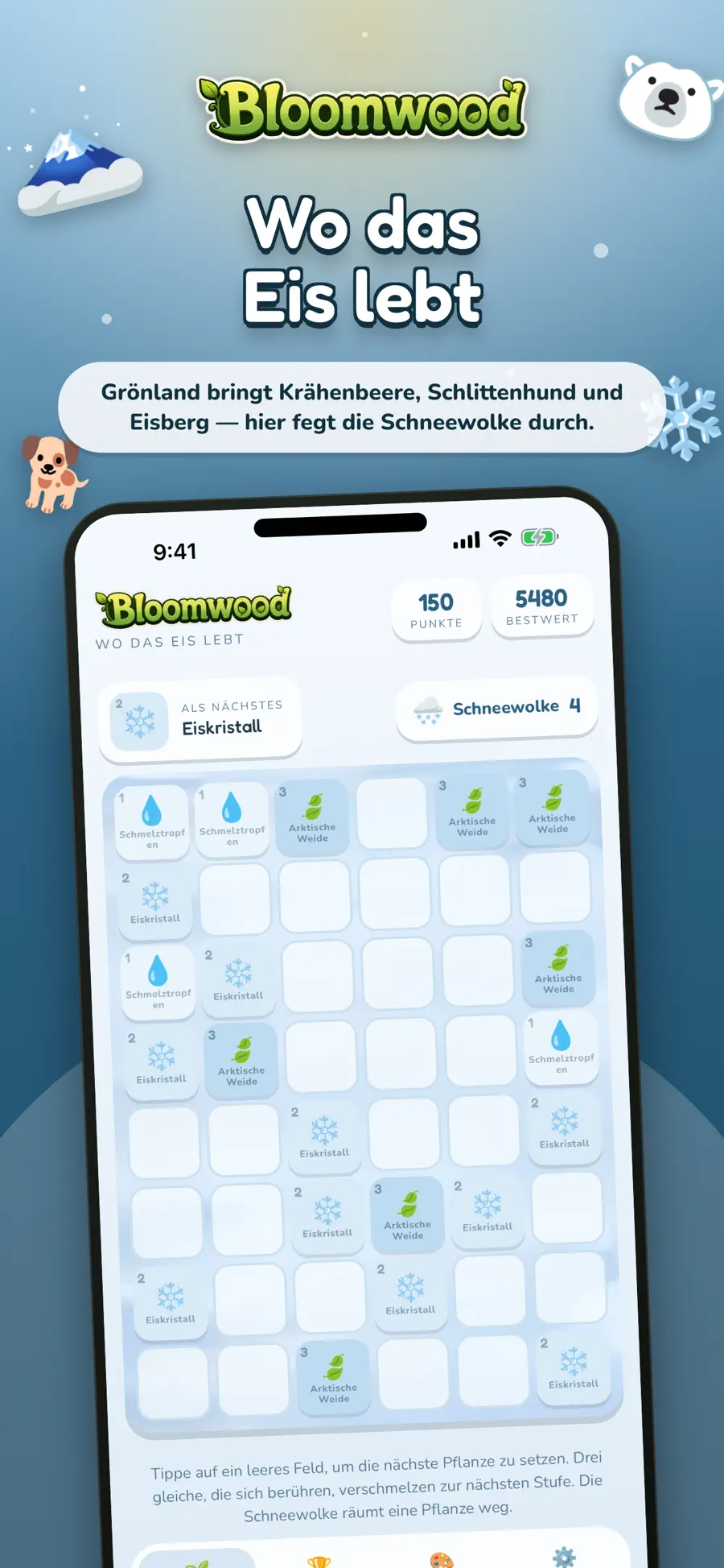 Das grönländische Theme in Blau und Weiß: Eiskristall, Krähenbeere und Arktische Weide, in der Kopfzeile die Schneewolke.