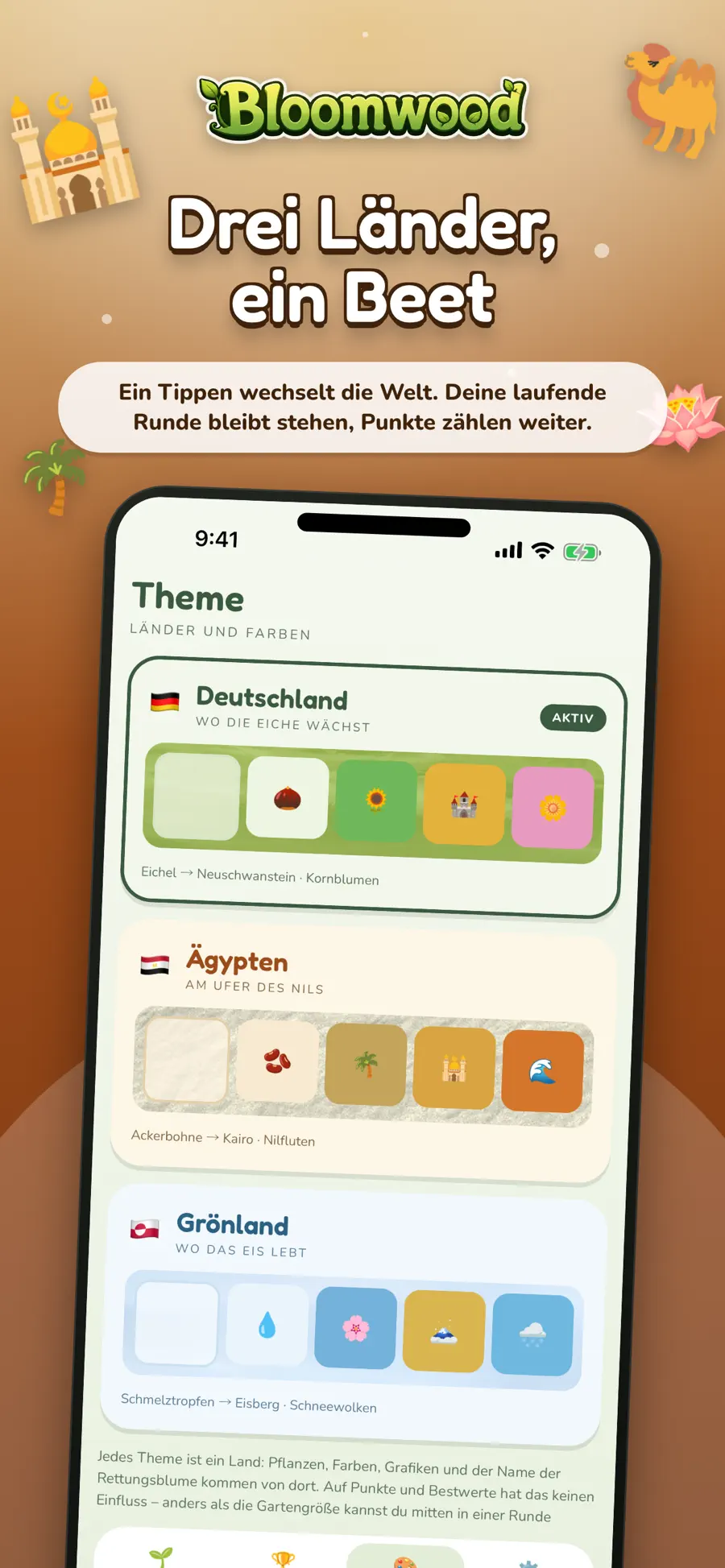 Die Theme-Auswahl mit Deutschland, Ägypten und Grönland, jedes mit seiner eigenen Reihe von Pflanzen; Deutschland ist aktiv.
