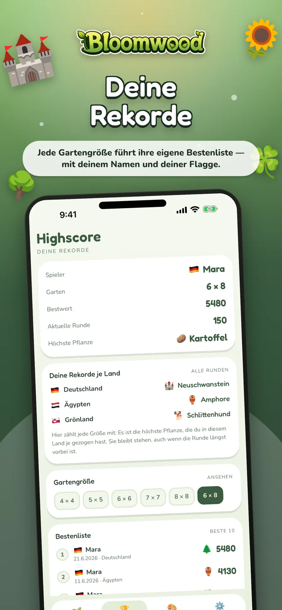 Die Bestenliste: Bestwert, laufende Runde und höchste Pflanze, darunter die Rekorde je Land und je Gartengröße.