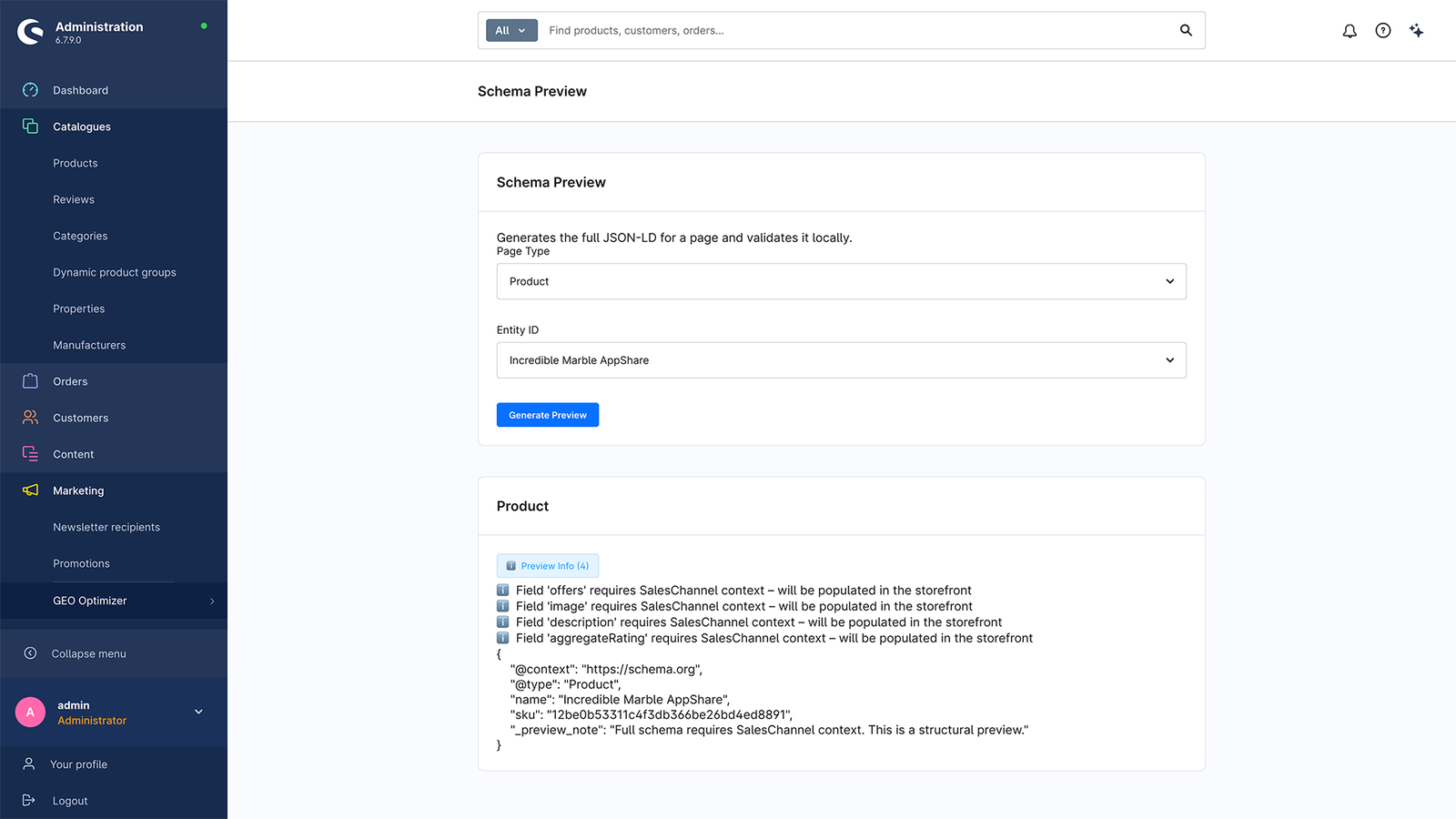 Die Schema-Vorschau: Seitentyp und Entität auswählen, darunter das erzeugte JSON-LD für ein Produkt mit Hinweisen, welche Felder erst im Storefront gefüllt werden.