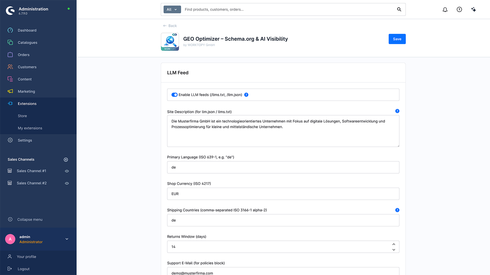 Die Einstellungen für den LLM-Feed: Schalter für /llms.txt und /llm.json, dazu Shop-Beschreibung, Sprache, Währung, Lieferländer und Rückgabefrist.