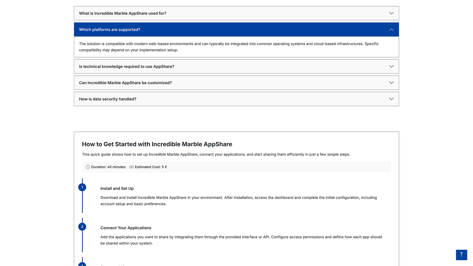 Die Storefront-Ansicht: ein aufgeklapptes FAQ-Akkordeon und darunter eine HowTo-Anleitung mit nummerierten Schritten, Dauer und geschätzten Kosten.