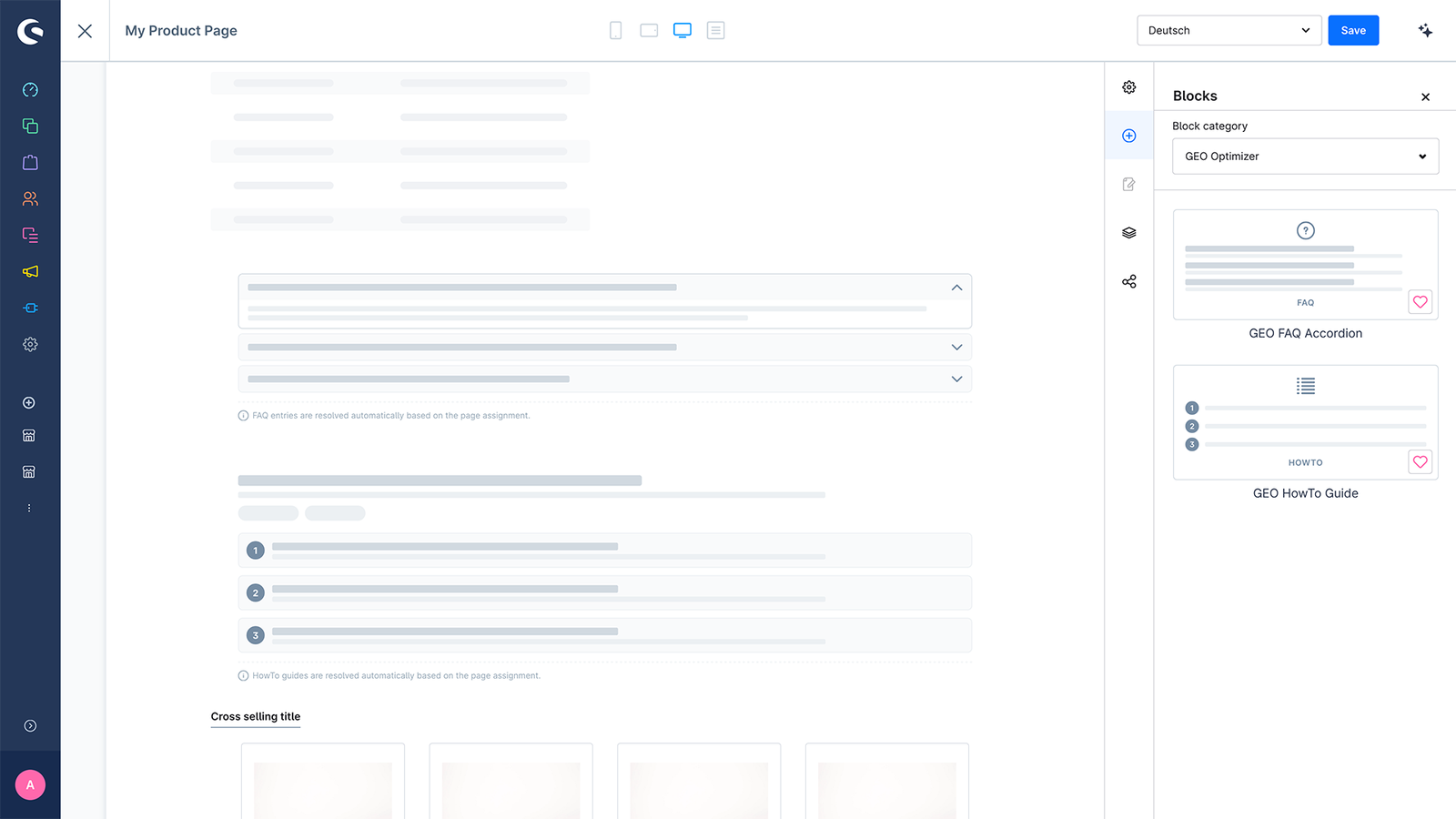 Der Shopware-Erlebniswelten-Editor mit der Blockkategorie „GEO Optimizer" und den zwei Blöcken „GEO FAQ Accordion" und „GEO HowTo Guide".